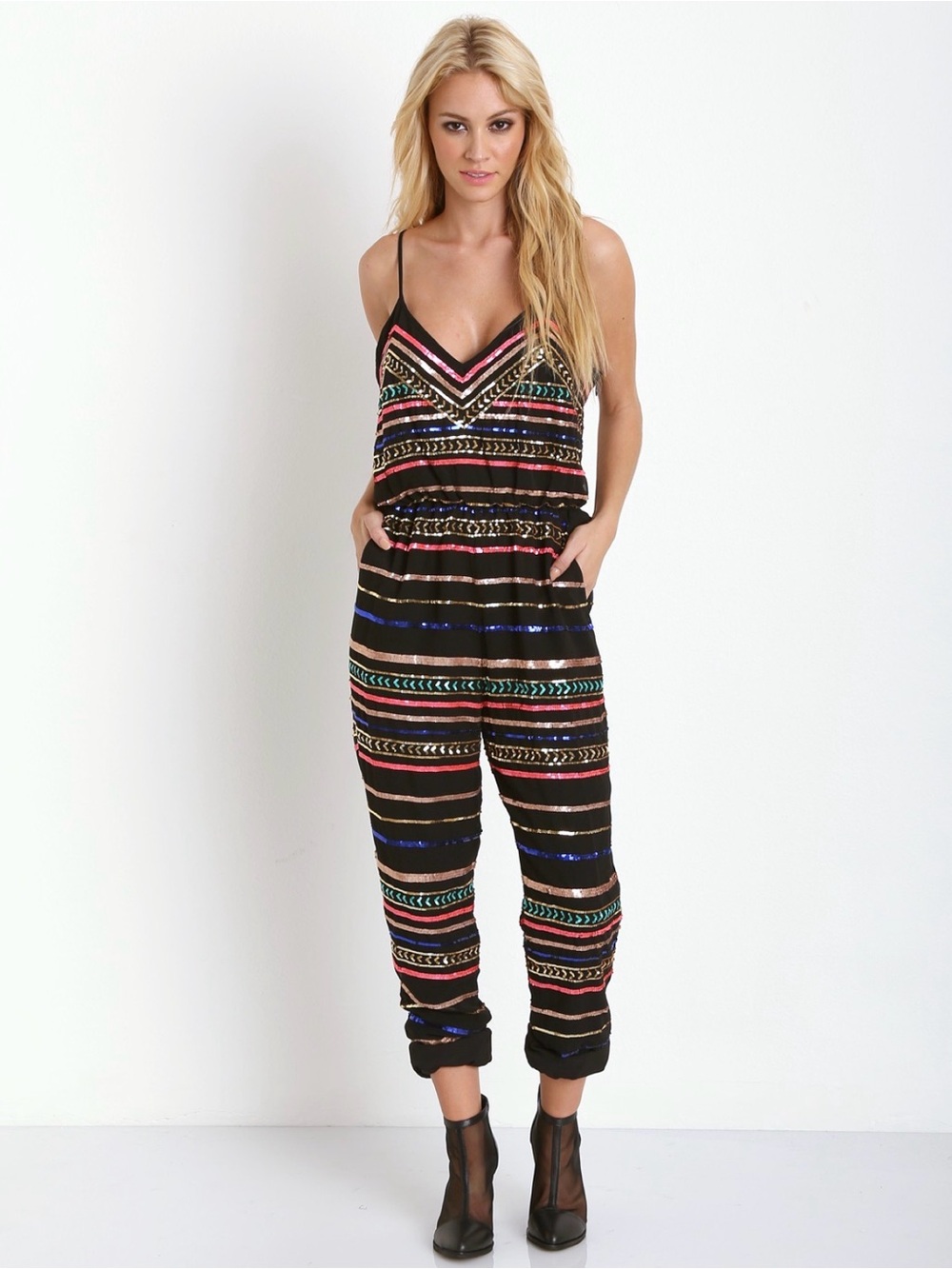 Mara Hoffman Black Multicolor Striped Sequin Jumpsuit